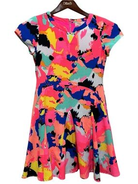 GB Girls Abstract Fit Flare Dress Girls Size 14 Neon Pink Multi Short Sleeve